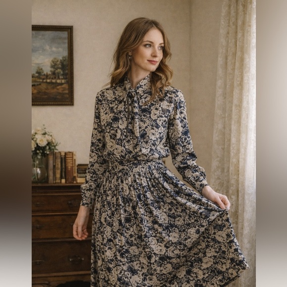 Russ Dresses & Skirts - Vintage 80s Russ Dark Navy Cream Floral Blouse Pleated Skirt Set Size 12